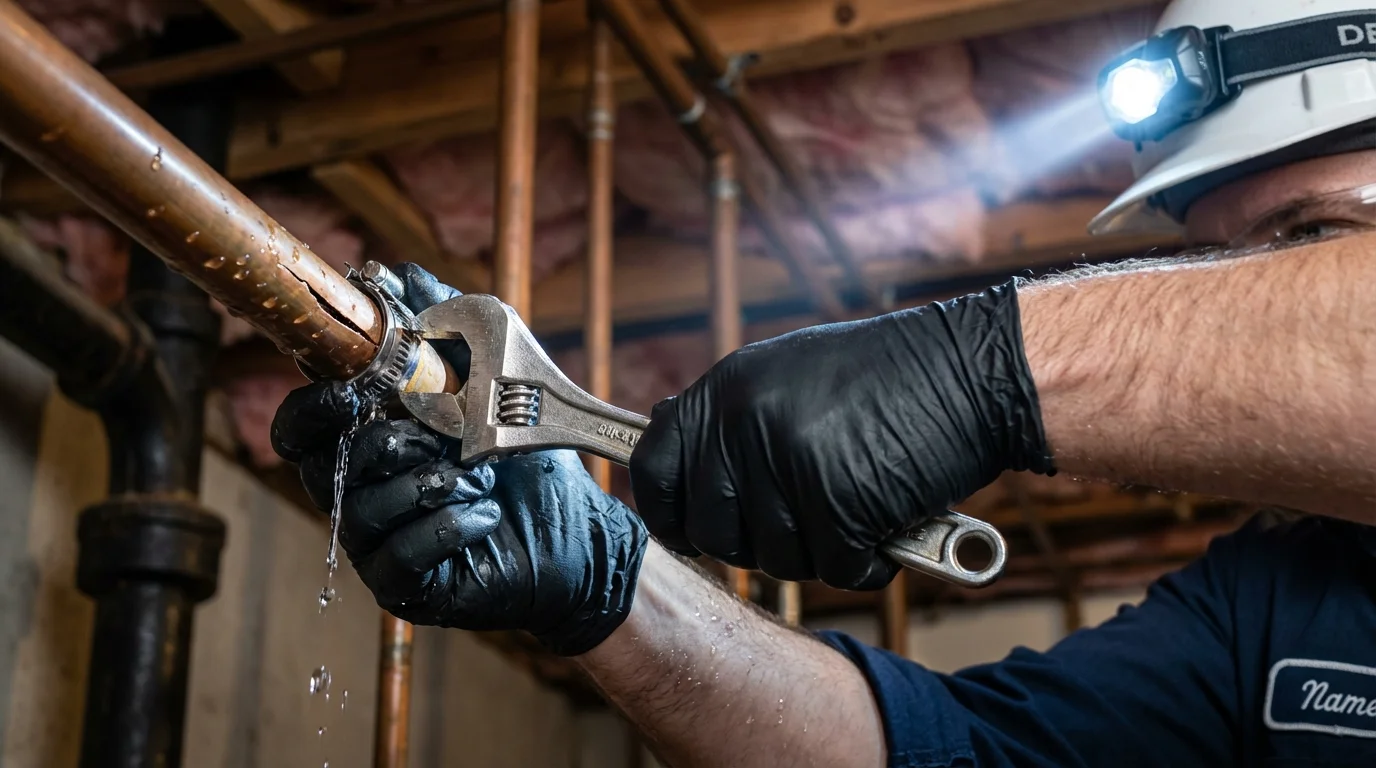 Emergency pipe clamp repair being performed by a Johns Plumbing LLC plumber in Spencer