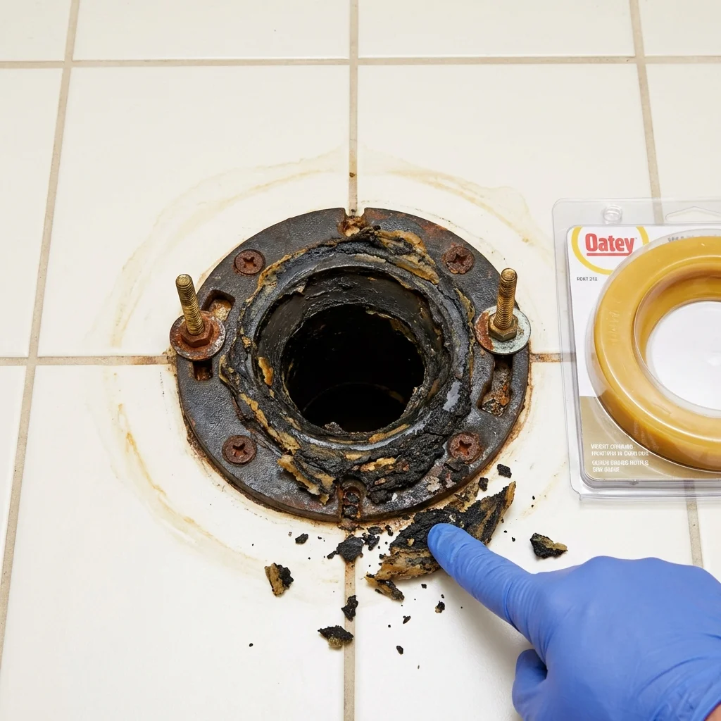 Failed wax ring showing water seepage at the base of a toilet in a Spencer, WV home