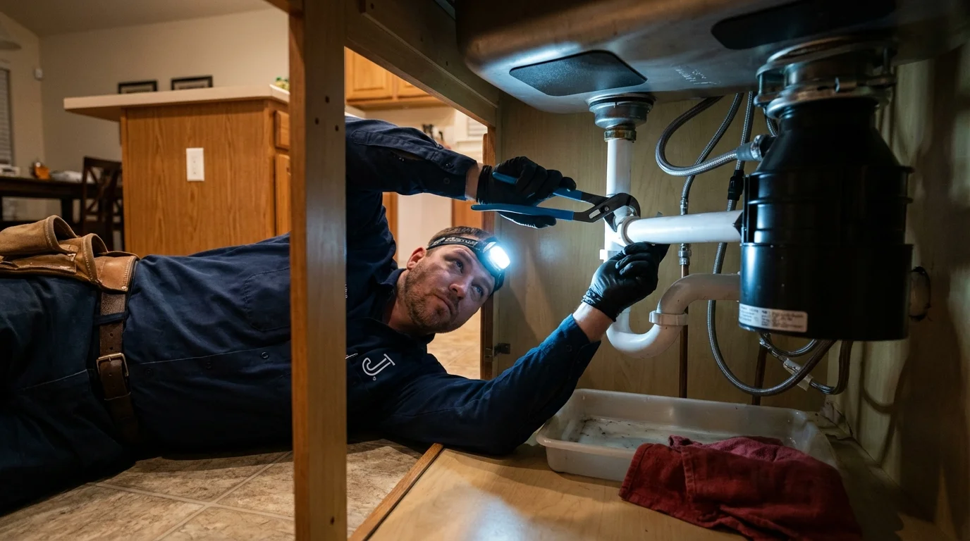 P-trap and supply line connections under a kitchen sink showing a common leak point in Spencer, WV